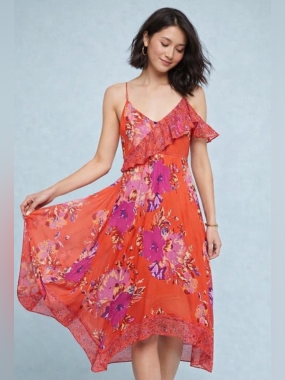 NWT Anthropologie Maeve Grecia Red Ruffle Boho Midi Dress Size 8